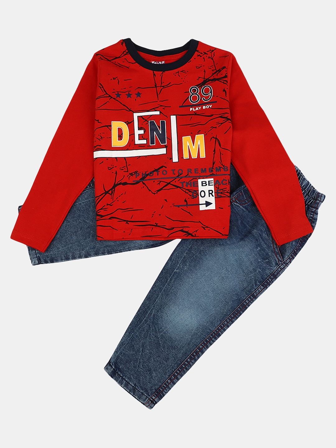 

V-Mart Boys Printed Pure Cotton Round Neck T-shirt with Trousers, Red