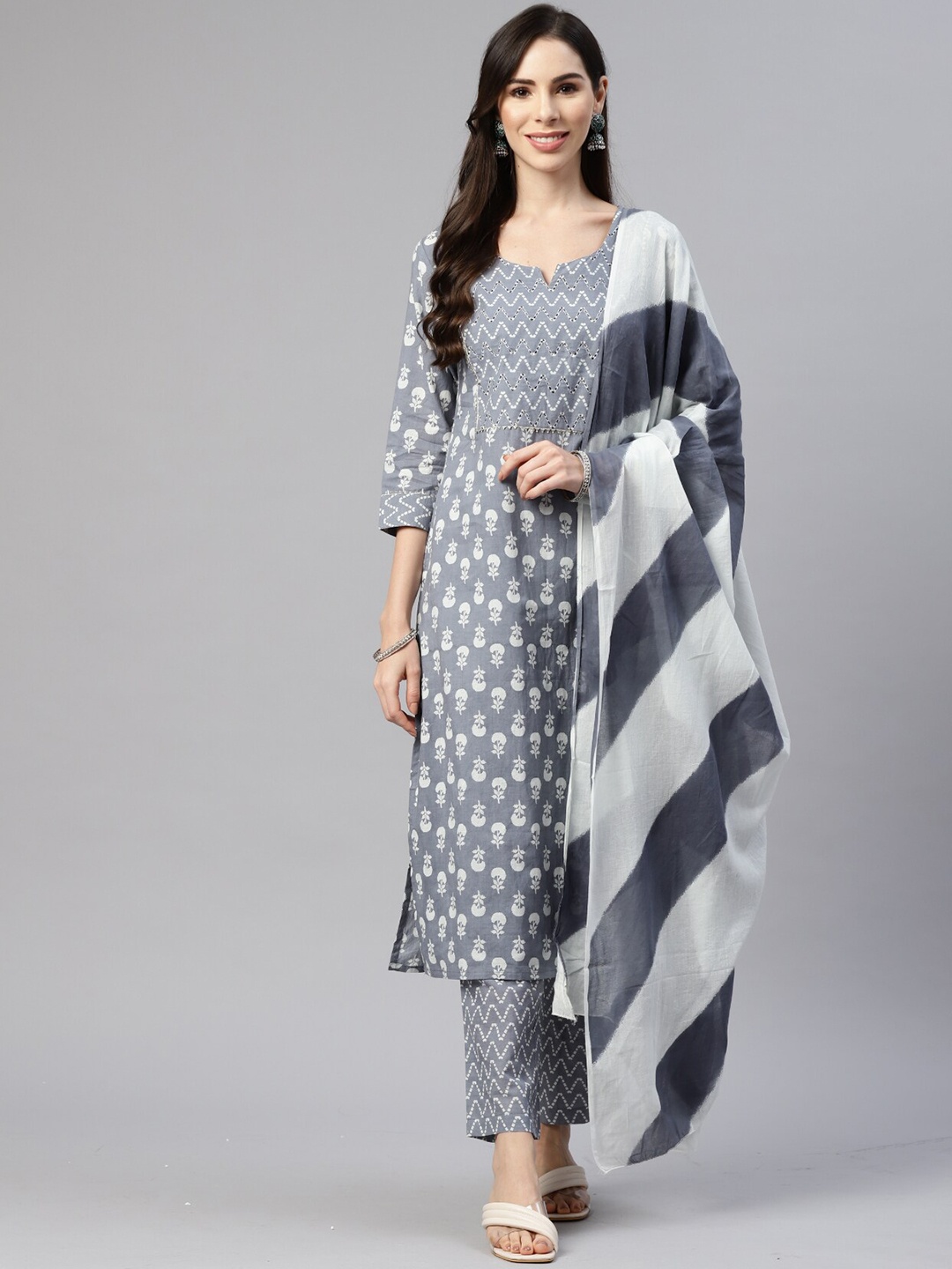 

KALINI Ethnic Motifs Printed Notch Neck Pure Cotton Kurta with Trousers & Dupatta, Grey