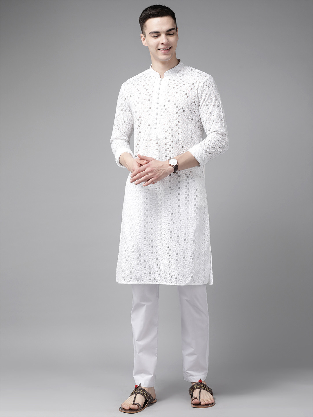 

See Designs Men Embroidered Chikankari Pure Cotton Kurta With Pyjamas, White