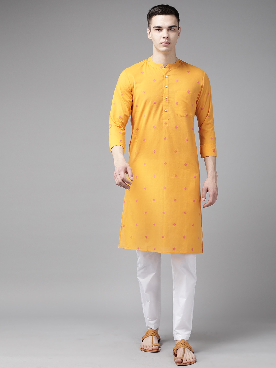 

See Designs Men Woven Design Pure Cotton Kurta With Pyjamas, Yellow