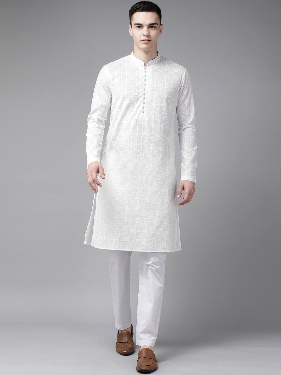 

See Designs Men Ethnic Motifs Embroidered Chikankari Pure Cotton Kurta With Pyjamas, White