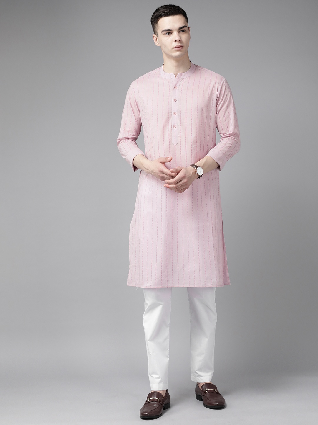 

See Designs Men Striped Pure Cotton Kurta With Pyjamas, Pink