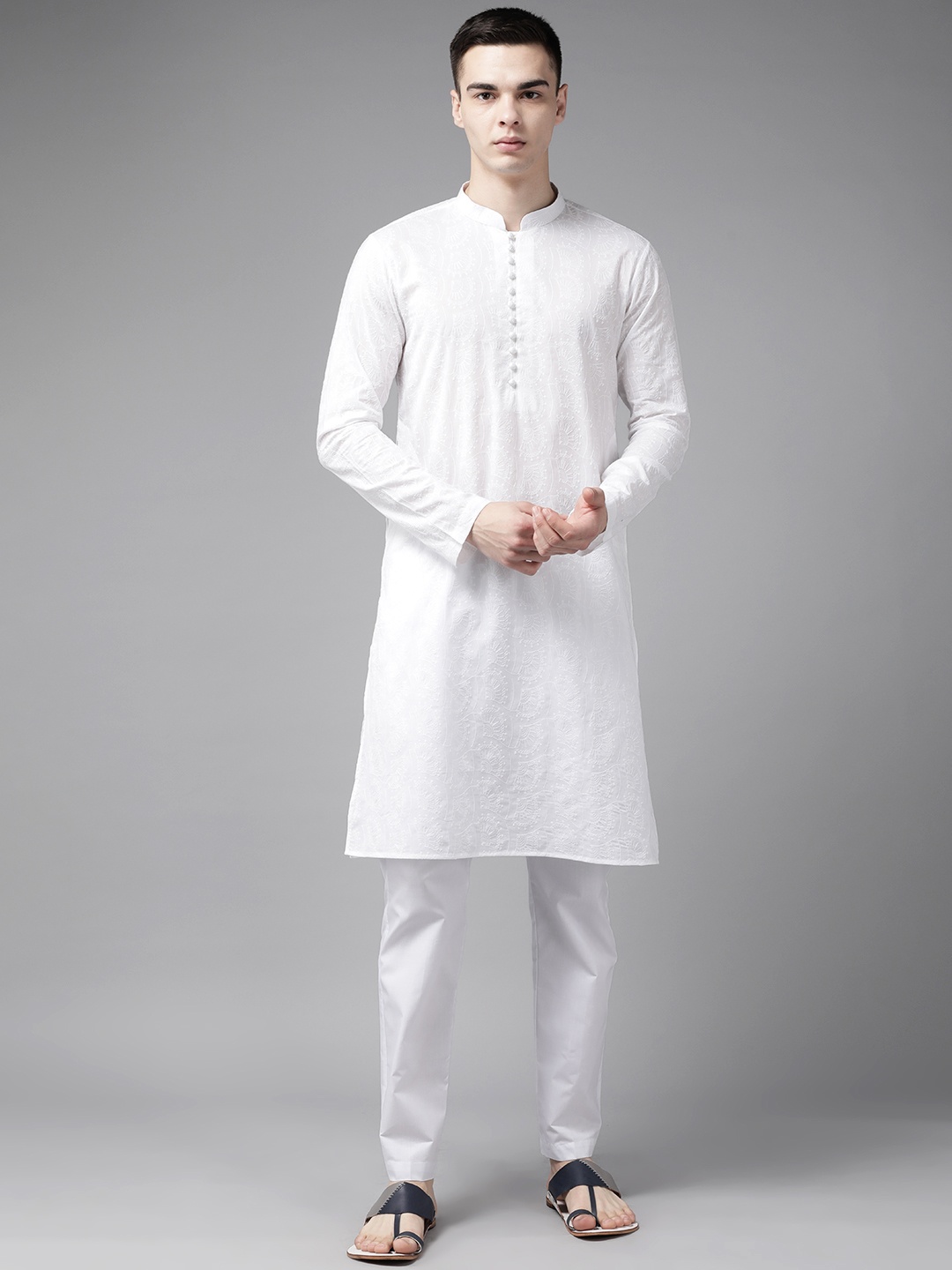 

See Designs Men Ethnic Motifs Embroidered Chikankari Pure Cotton Kurta With Pyjamas, White