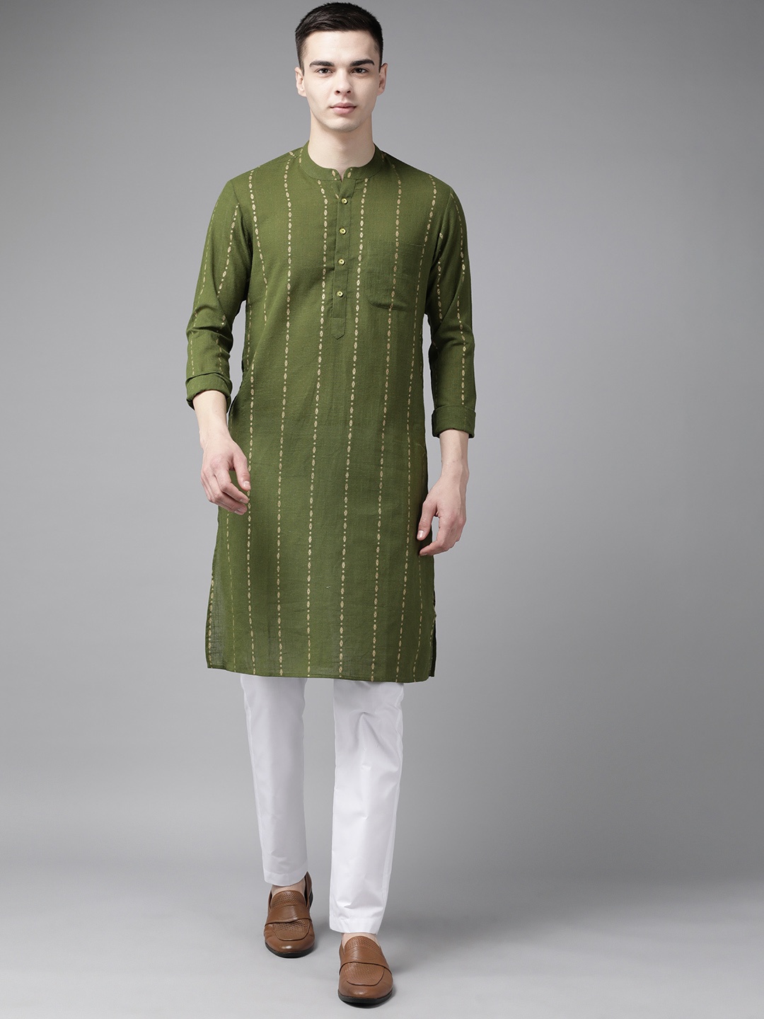 

See Designs Men Ethnic Motifs Printed Pure Cotton Kurta With Pyjamas, Olive