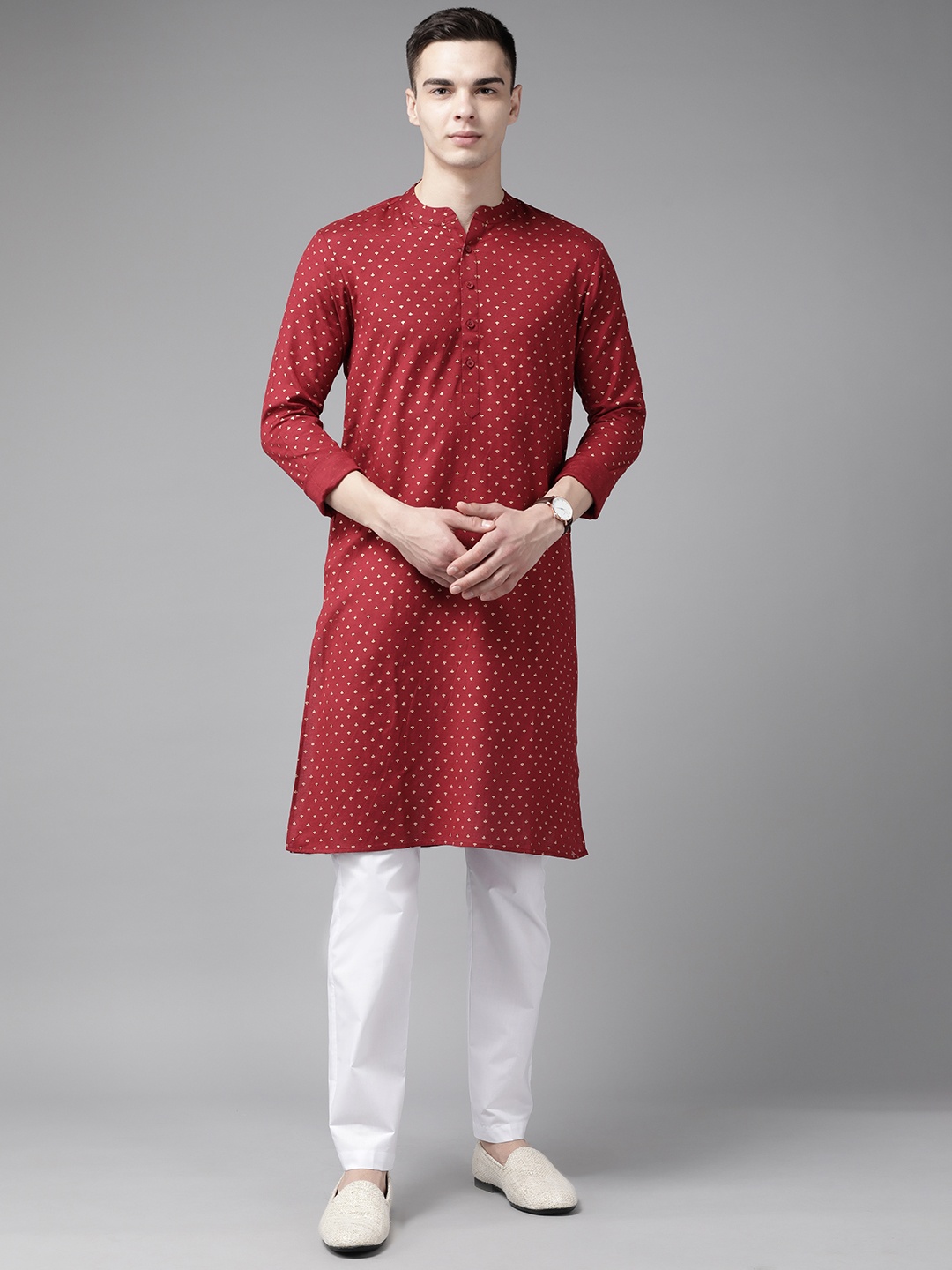 

See Designs Men Ethnic Motifs Printed Pure Cotton Kurta With Pyjamas, Maroon