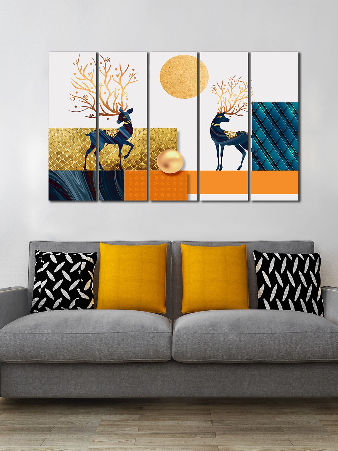 

WENS 5 Pcs Gold-Toned & Blue Reindeer Modern Panels Wall Art
