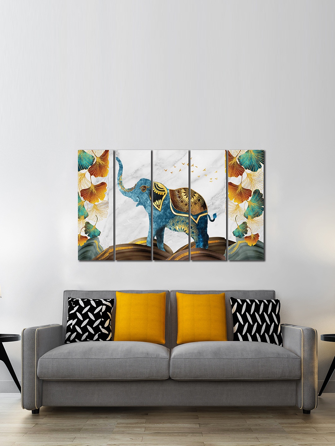

WENS Vastu 5 Pcs Blue & Gold Toned Classic Elephant Laminated Wall Art