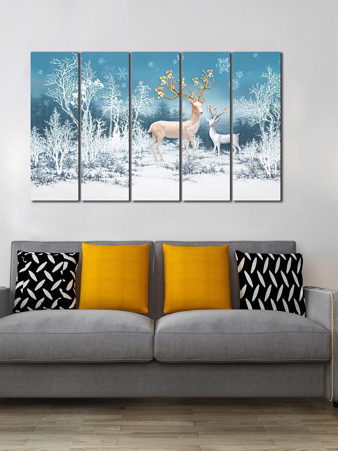 

WENS Set Of 5 Blue & White Reindeer Family in Forest Laminated Wall Art Panels
