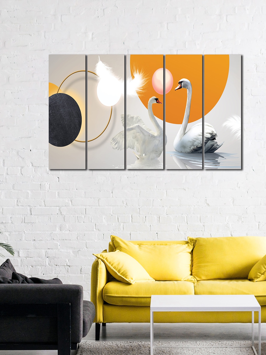 

WENS Set Of 5 Grey & Orange Vastu Swan Pair Love Birds Laminated Wall Art Panels