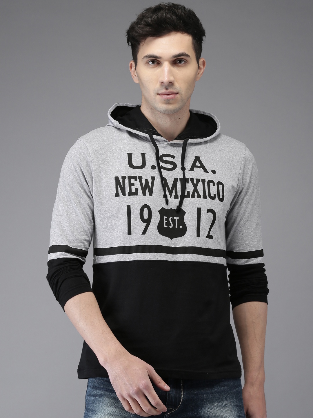 

HERE&NOW Men Grey Melange Printed Hooded T-shirt, Na