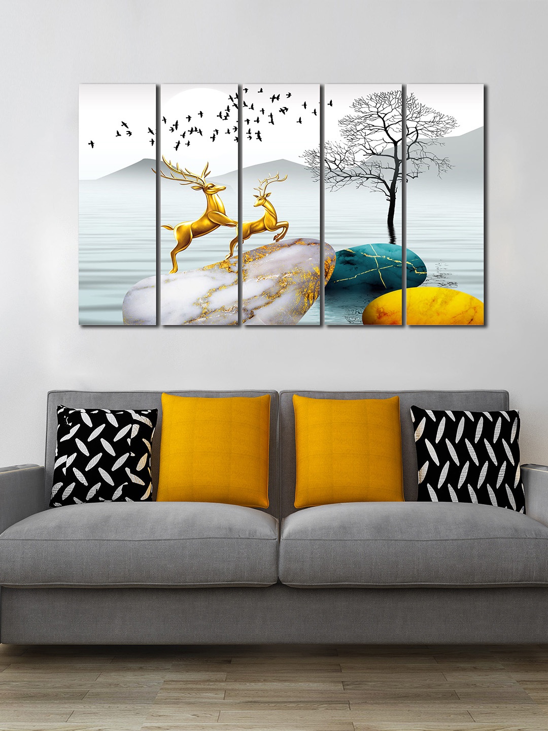 

WENS 5 Pcs White & Gold-Toned Beautiful View Of Nature with Reindeer Wall Art