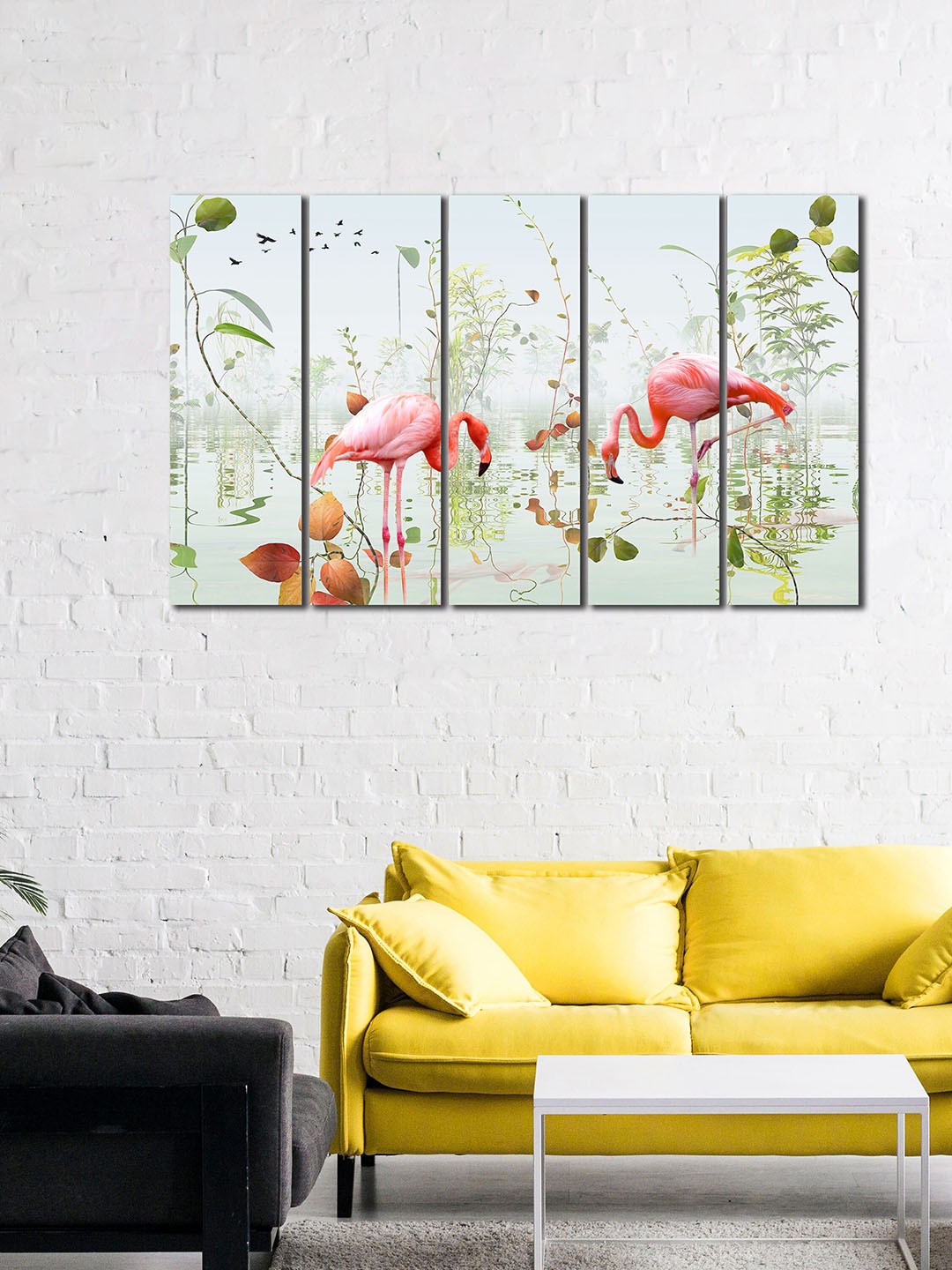 

WENS 5 Pcs Pink & Green Flamingo On Beach Laminated Wall Art