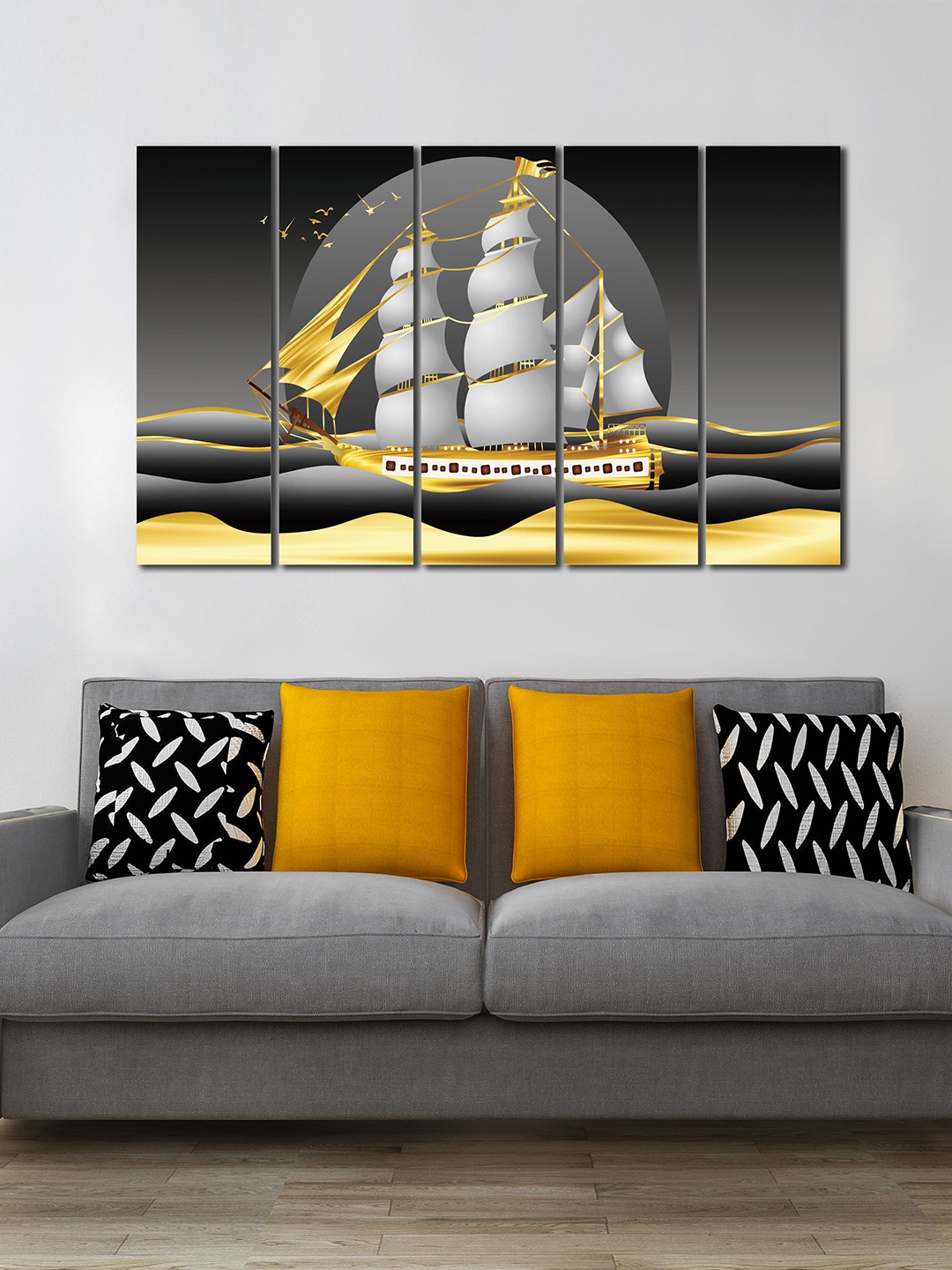 

WENS 5 Pcs Grey and Gold Toned Beautiful View Of Sailing Ship Laminated Panels Wall Art