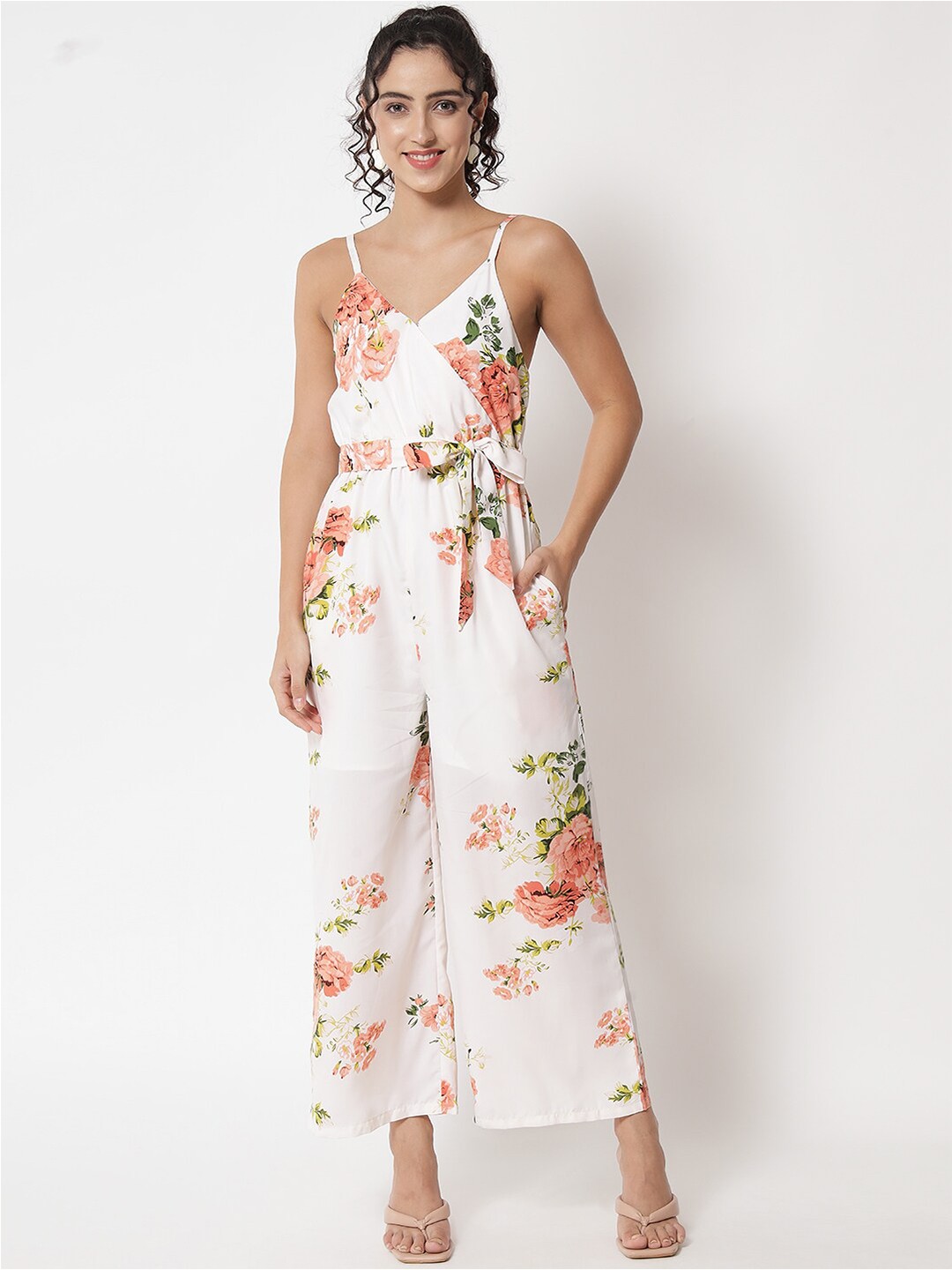 

Kannan Floral Printed Shoulder Straps Basic Jumpsuit, White
