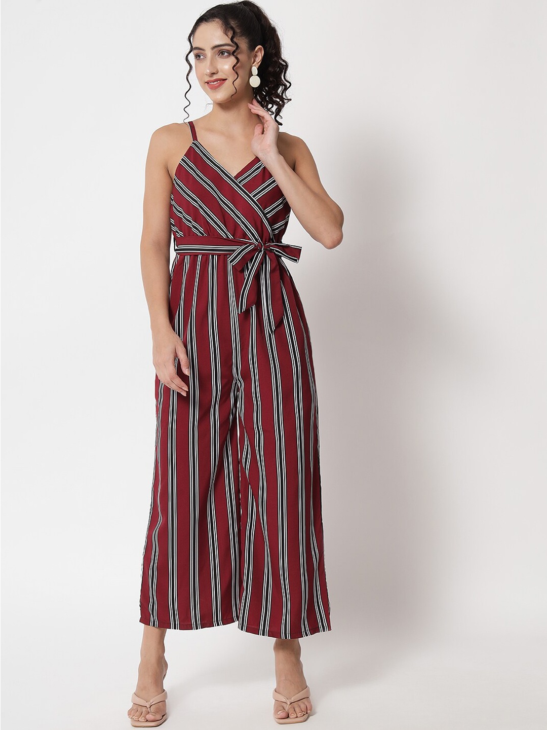 

Kannan Striped Shoulder Straps Basic Jumpsuit, Maroon