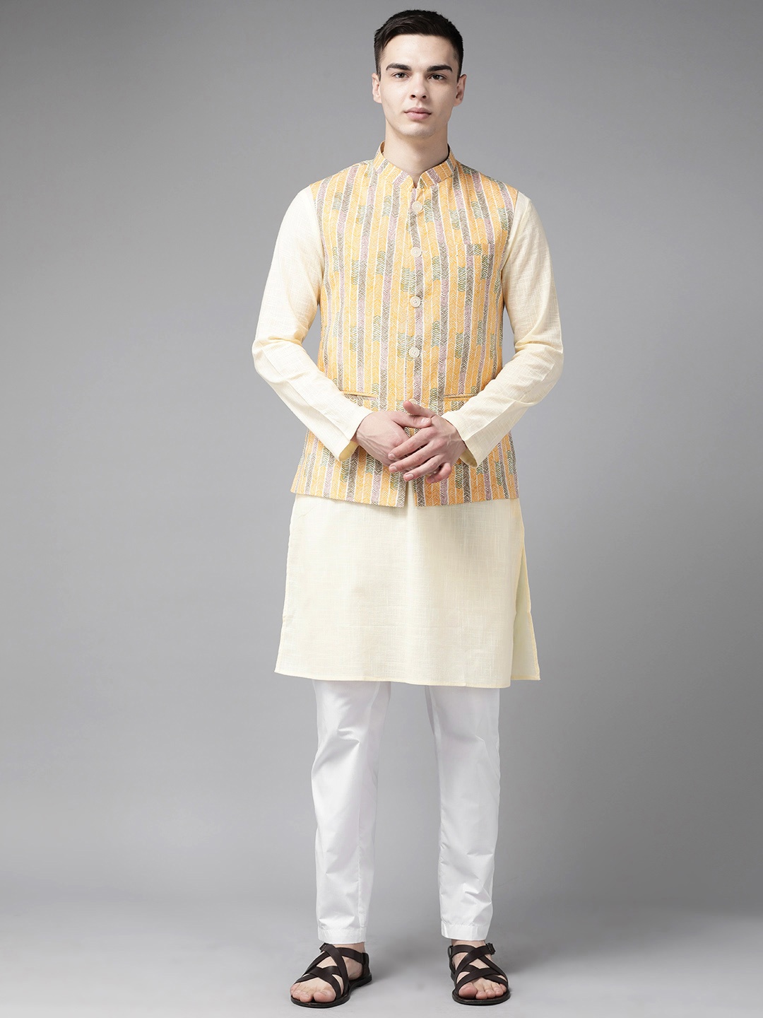 

See Designs Men Pure Cotton Kurta With Pyjamas & With Nehru Jacket, Yellow