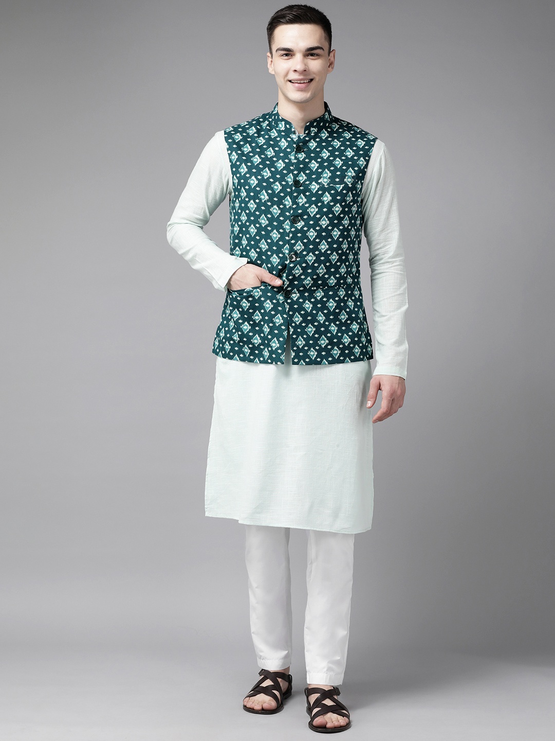 

See Designs Men Pure Cotton Kurta With Pyjamas & With Nehru Jacket, Teal