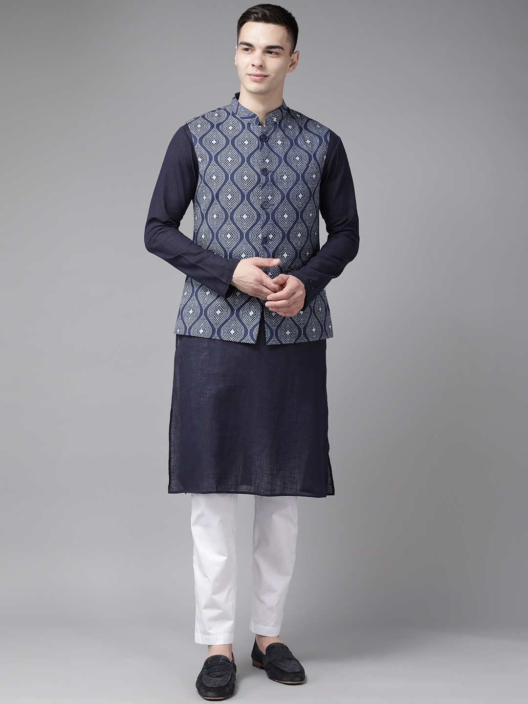 

See Designs Men Pure Cotton Kurta With Pyjamas & With Nehru Jacket, Blue