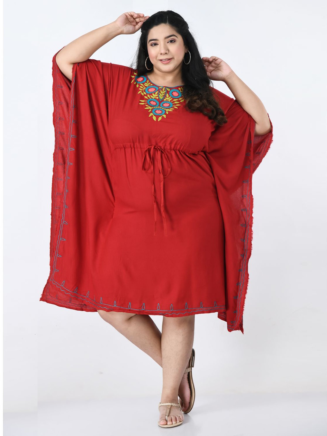 

SAAKAA Plus Size Ethnic Motifs Embroidered Kaftan Dress, Red