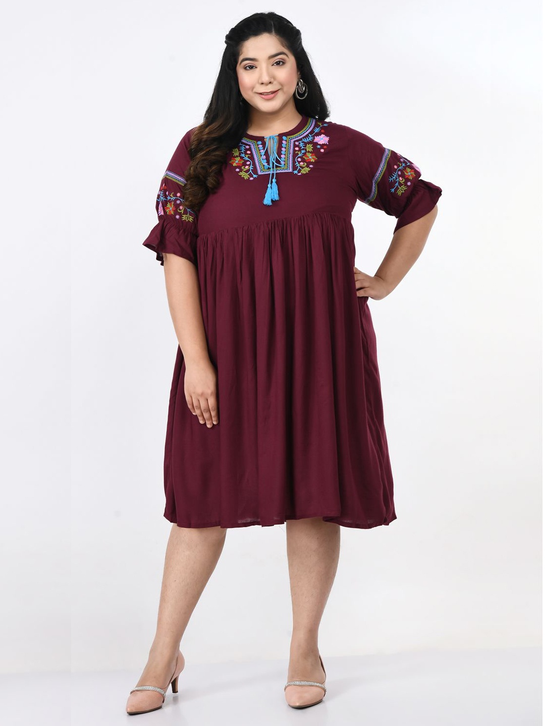 

SAAKAA Floral Embroidered Tie-Up Neck A-Line Dress, Burgundy
