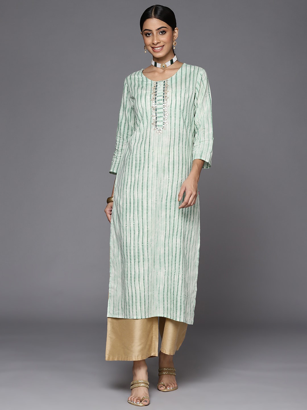 

Varanga Women Striped Zardozi Indie Prints Cotton Kurta, Green