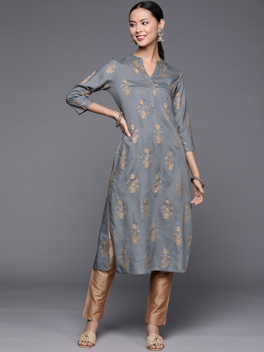 

Varanga Women Ethnic Motifs Printed Flared Sleeves Indie Prints Kurta, Grey