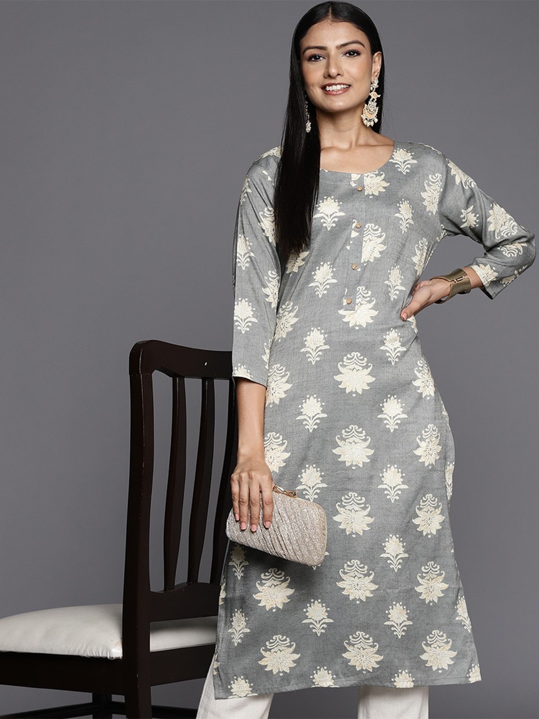 

Varanga Women Ethnic Motifs Printed Block Print Kurta, Grey