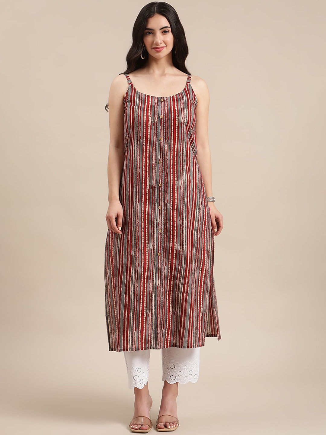 

Varanga Women Shoulder Straps Striped Cotton Kurta, Rust