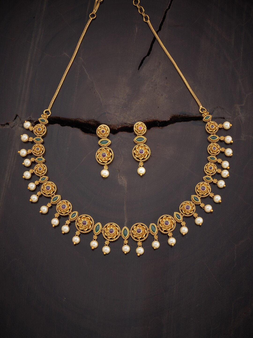 

Kushal's Fashion Jewellery Gold-Plated Stones & Beads-Studded Antique Jewellery Set