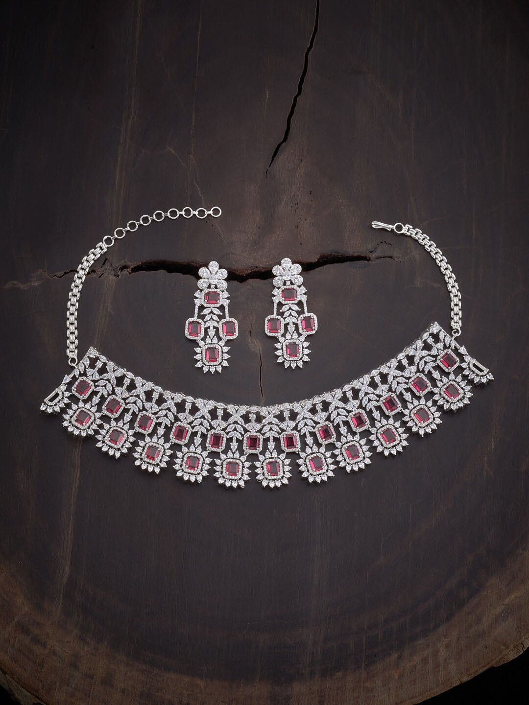 

Kushal's Fashion Jewellery Rhodium-Plated CZ Studded Jewellery Set, Silver