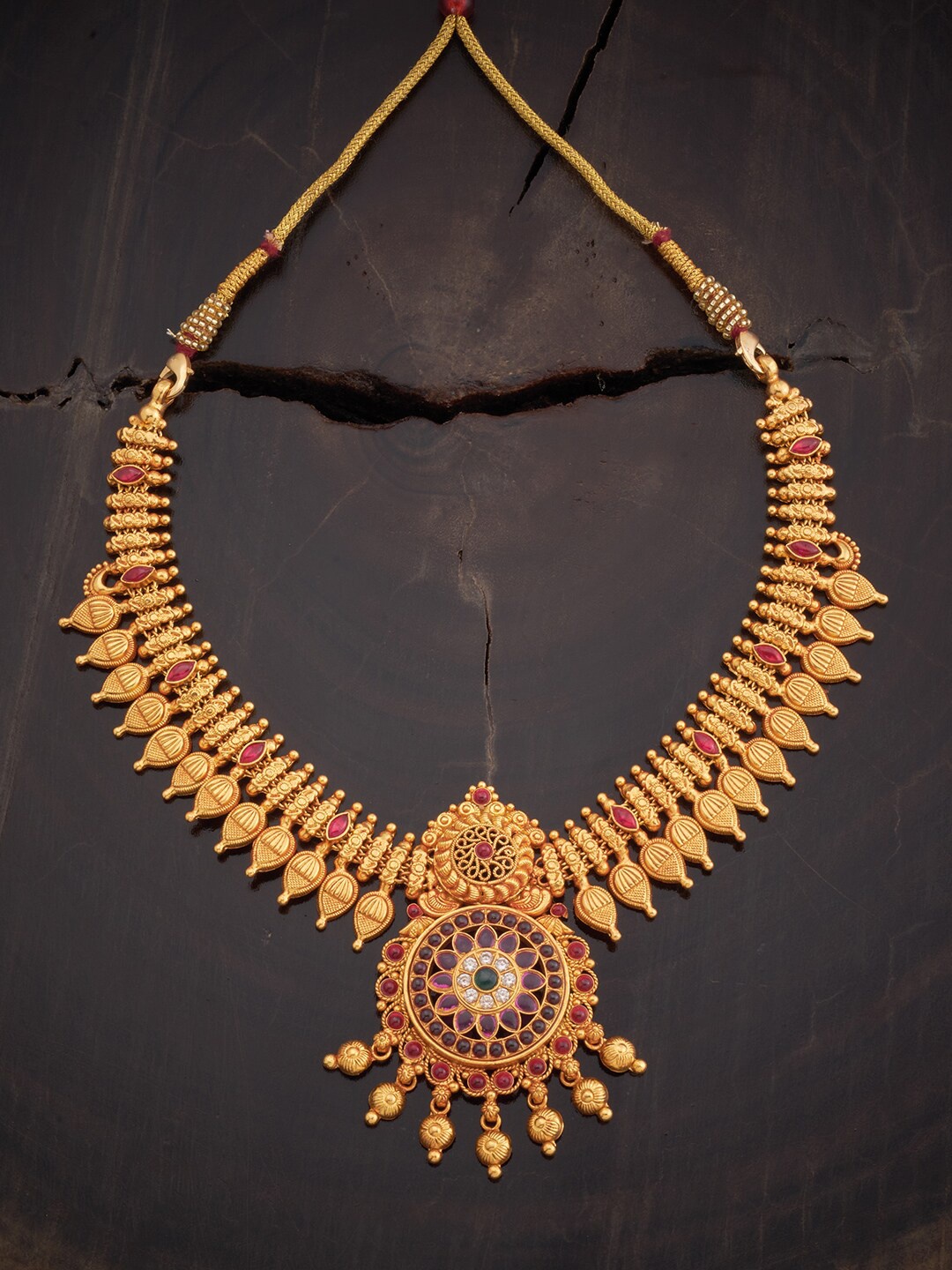 

Kushal's Fashion Jewellery 92.5 Pure Silver Gold-Plated Temple Necklace, Red