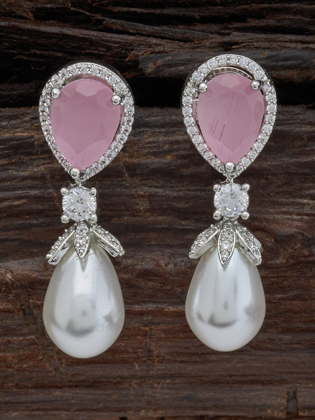 

Kushal's Fashion Jewellery Rhodium Plated Teardrop Shaped Drop Earrings, Pink