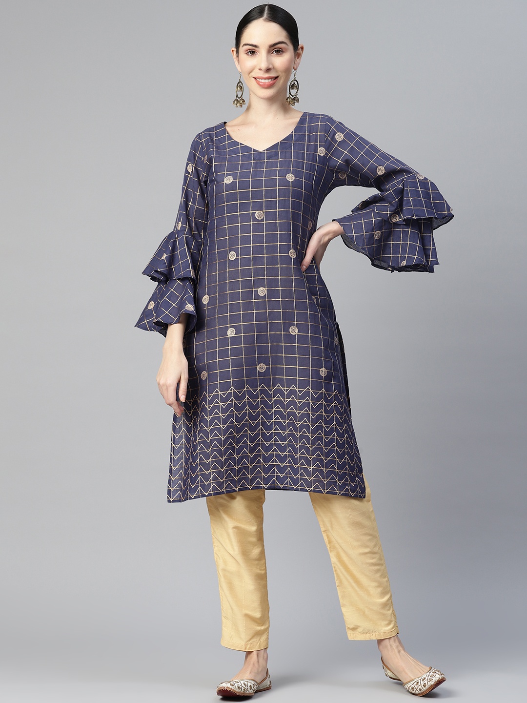 

MBE Women Geometric Printed Bell Sleeves Indigo Kurta With Ruffles Detail, Navy blue