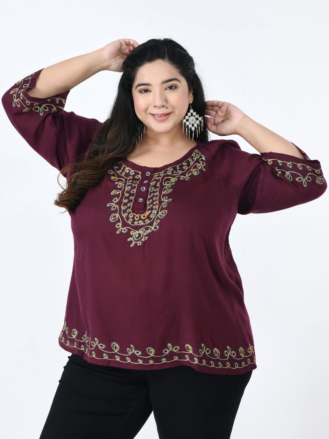 

SAAKAA Plus Size Ethnic Motifs Embroidered Top, Brown