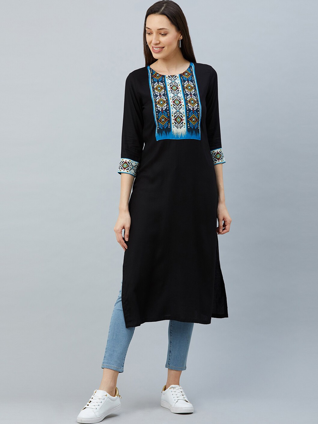 

KALINI Women Geometric Yoke Design Kurta, Black