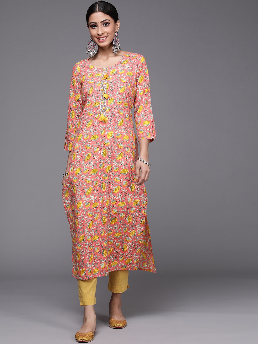 

Varanga Women Floral Printed Block Print Cotton Kurta, Coral