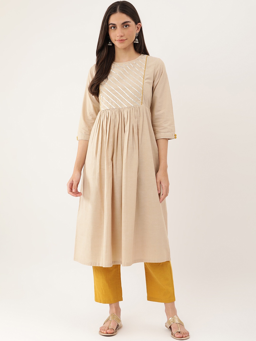 

Lokatita Women Yoke Design Gotta Patti Cotton Kurta, Beige