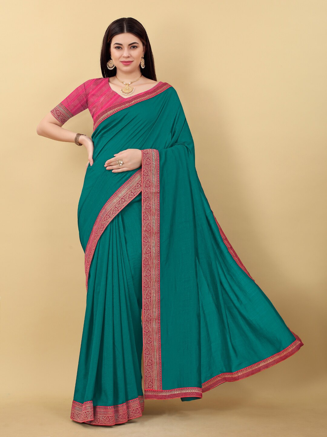 

KALINI Zari Silk Blend Banarasi Saree, Teal