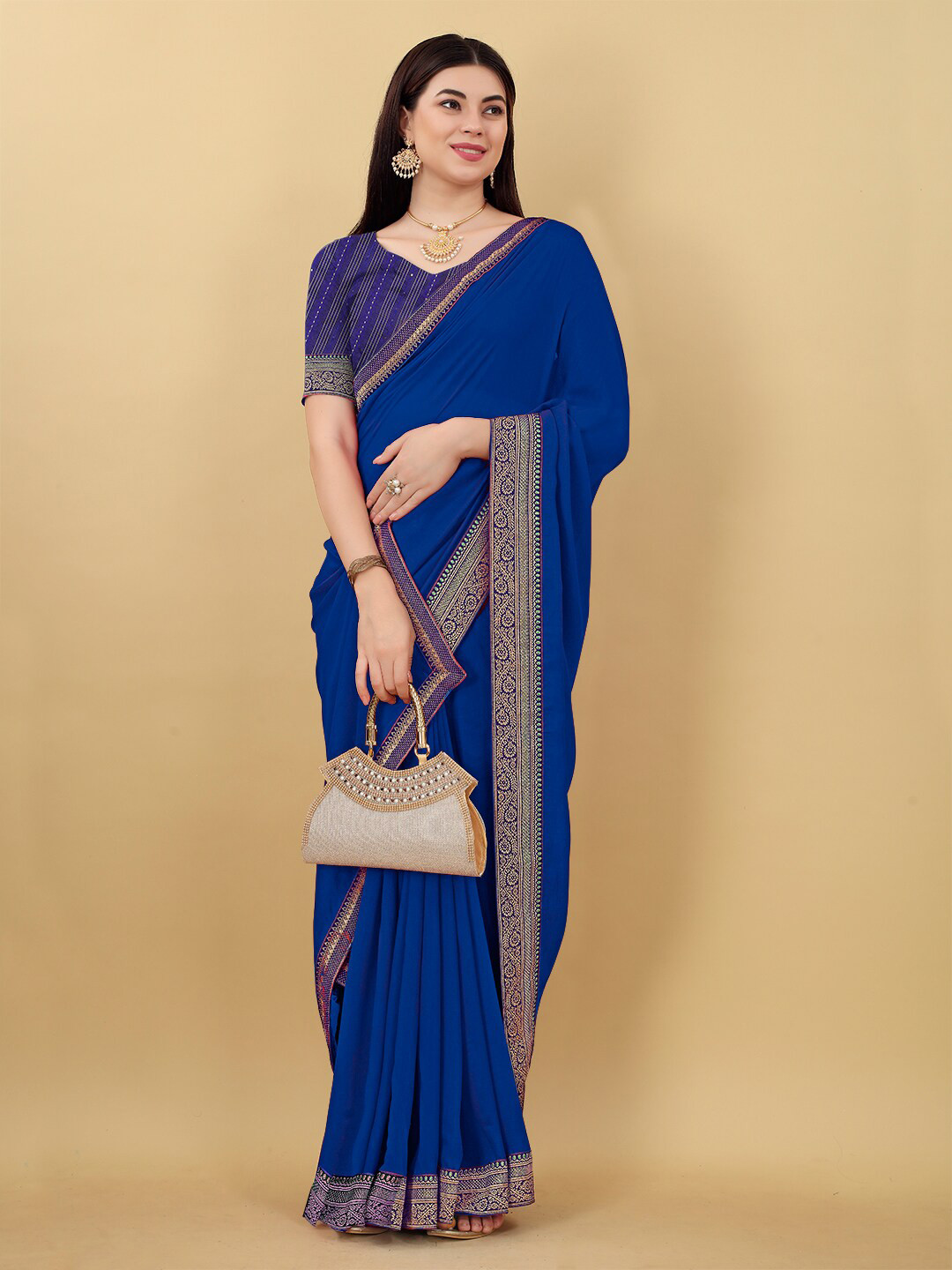 

KALINI Silk Blend Banarasi Saree, Navy blue