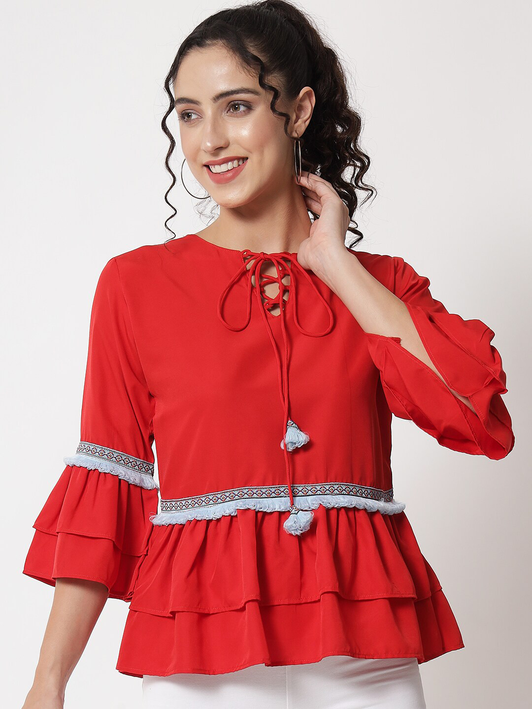 

Kannan Red & White Tie-Up Neck Crepe Peplum Top
