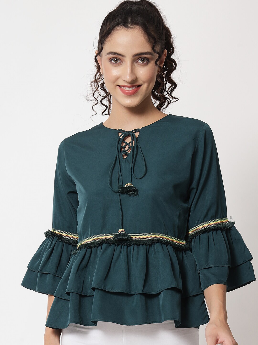 

Kannan Tie-Up Neck Ruffles Crepe Peplum Top, Green