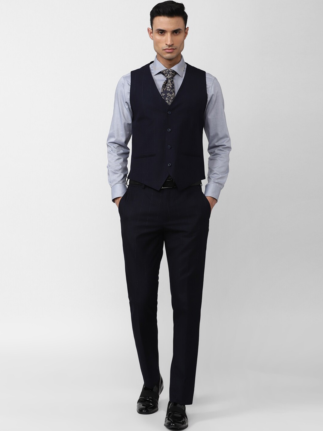 

V Dot Men Single-Breasted Slim-Fit 3-Piece Formal Suit, Navy blue