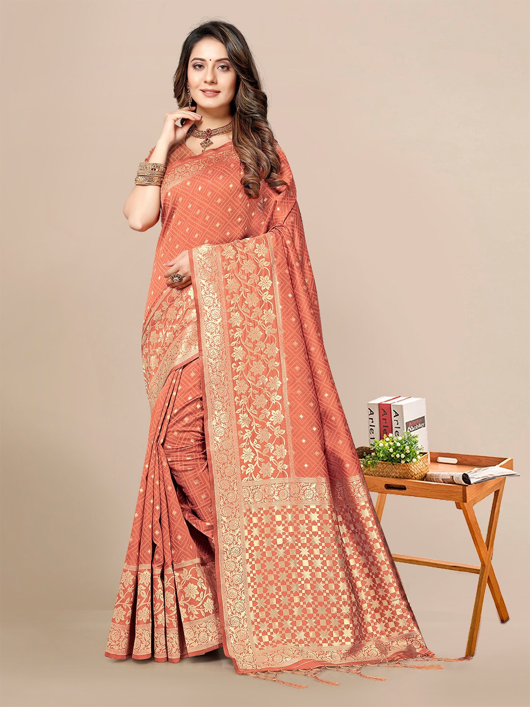 

Mitera Woven Design Zari Silk Blend Banarasi Saree, Peach