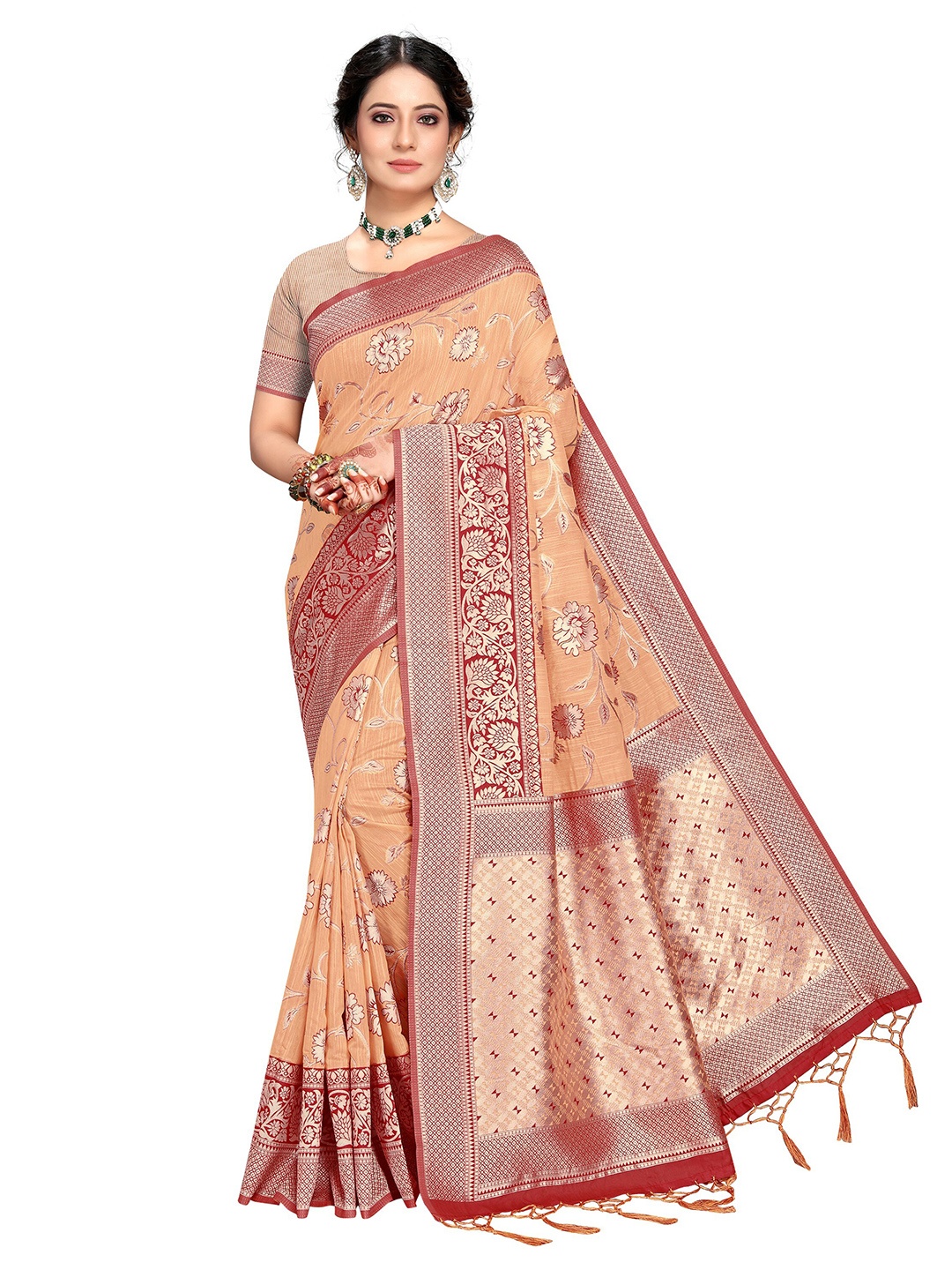

Mitera Woven Design Silk Blend Banarasi Zari Saree, Peach