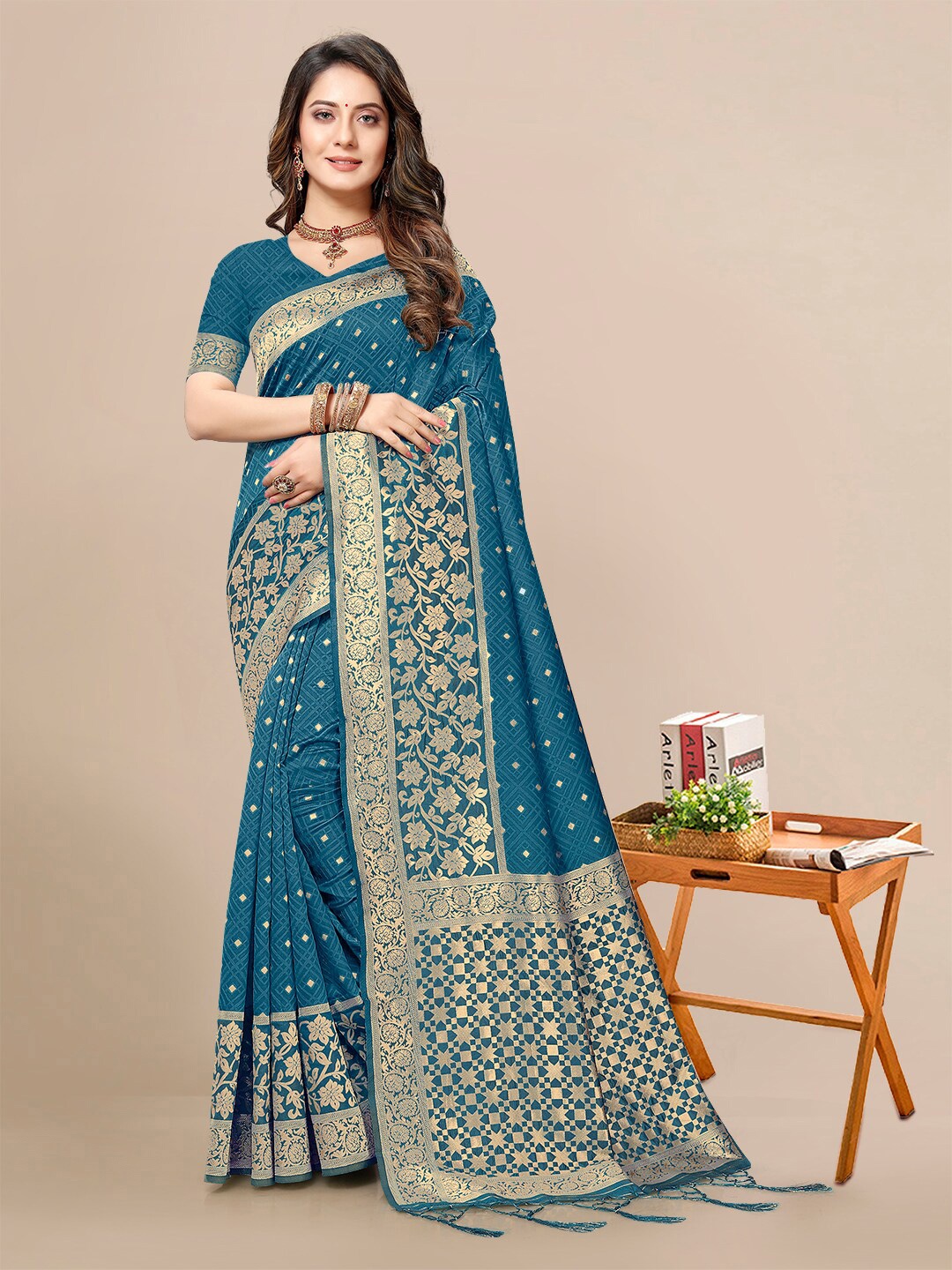 

Mitera Woven Design Silk Blend Banarasi Zari Saree, Blue