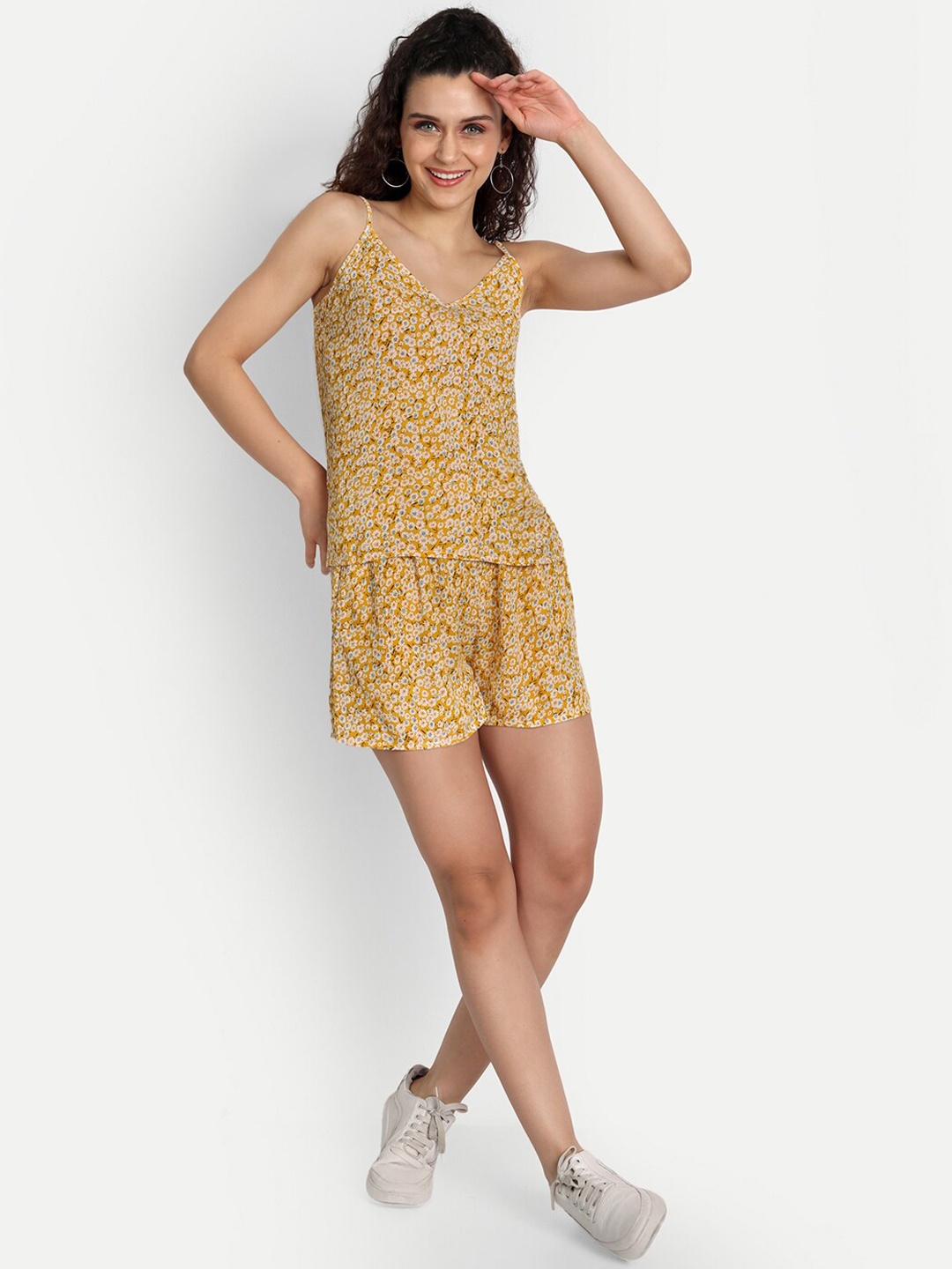 ESSQUE Women Floral Printed Co-Ords, Yellow
