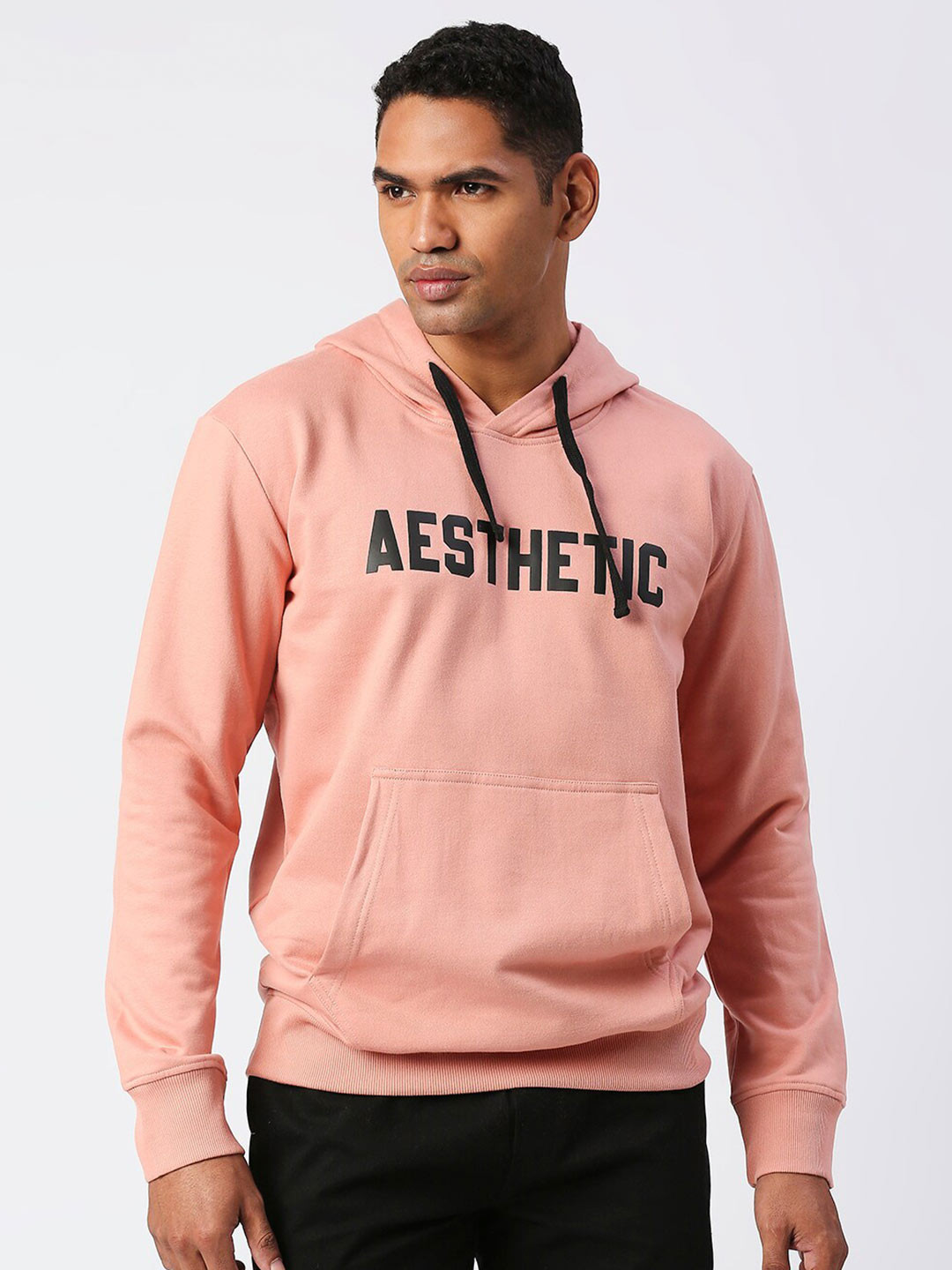 

AESTHETIC NATION Men Printed Hooded Cotton Sweatshirt, Peach