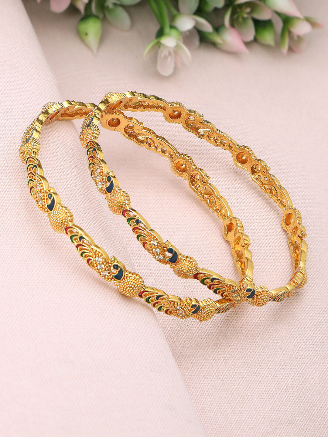 

AccessHer Set Of 2 Gold-Plated Peacock Design Bangles, Teal