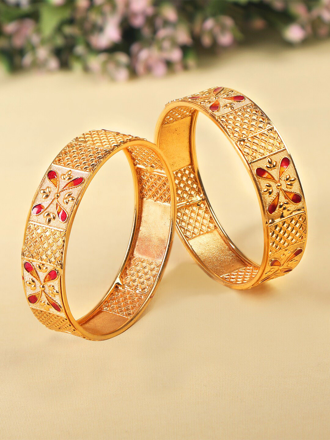 

AccessHer Set Of 2 Gold-Plated Enameled Traditional Bangles, Red