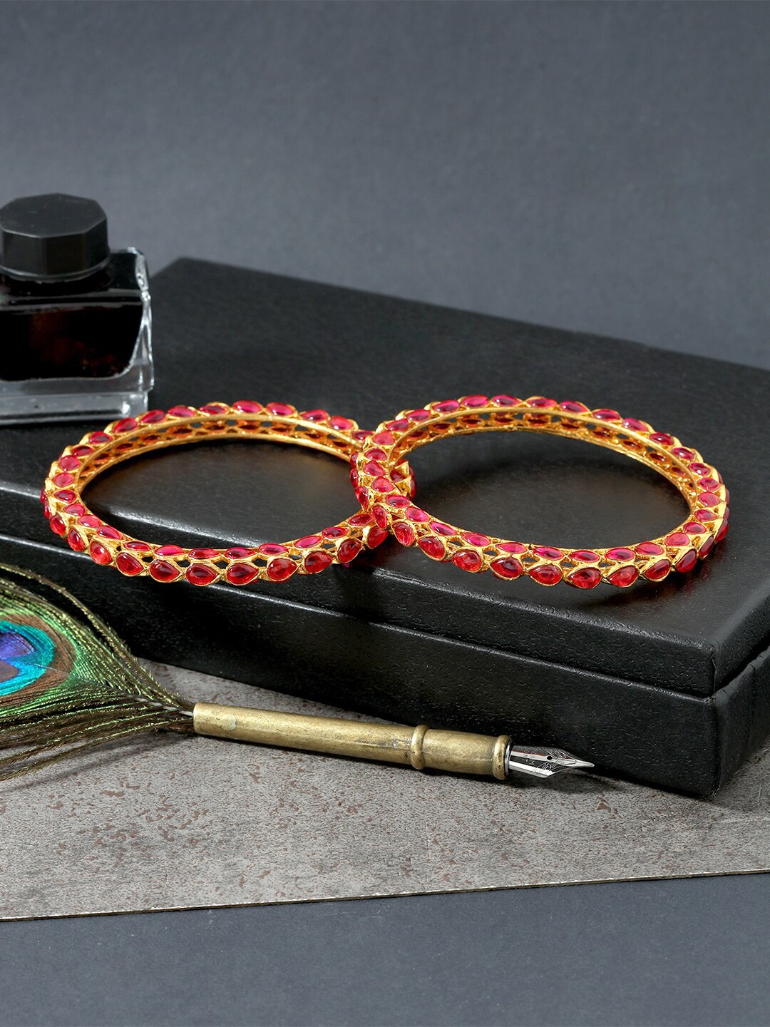 

AccessHer Set Of 2 Gold-Plated Stones-Studded Bangles, Pink